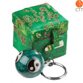 key ring chain ball YING and YANG on green ball, in brocade box
