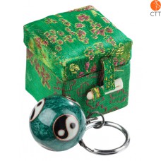 key ring chain ball YING and YANG on green ball, in brocade box