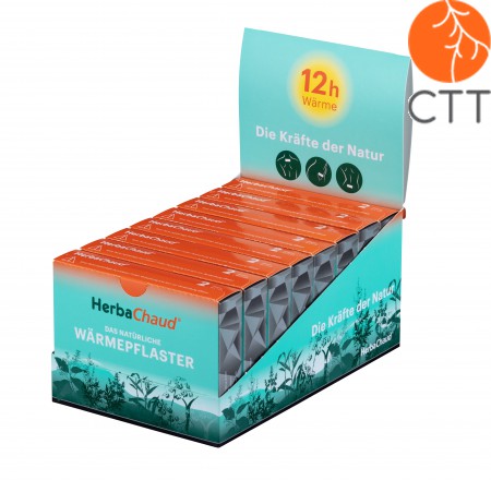 PRÉSENTOIR DE COMPTOIR rempli de 8 boîtes de 2 emplâtres chauffant HerbaChaud chacune directement du producteur CTT votre partenaire pour la médecine complémentaire depuis 1998