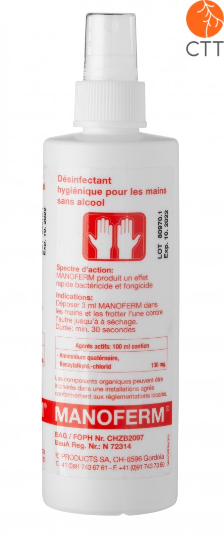 Manoferm spray de 250ml pour désinfection des mains et la peau SANS ALCOL