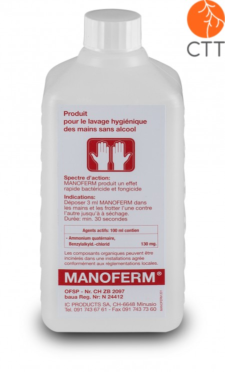 Manoferm désinfectant pour les mains et la peau, bouteille de 500ml pour usage avec fixation au mur (article no = P.100.0566)