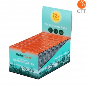 PRÉSENTOIR DE COMPTOIR rempli de 8 boîtes de 2 emplâtres chauffant HerbaChaud chacune directement du producteur CTT votre partenaire pour la médecine complémentaire depuis 1998